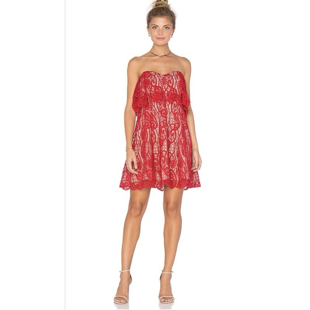 TJD Strapless Lace Mini Dress Women Small Red Excellent Sweetheart Tiered Ruffle